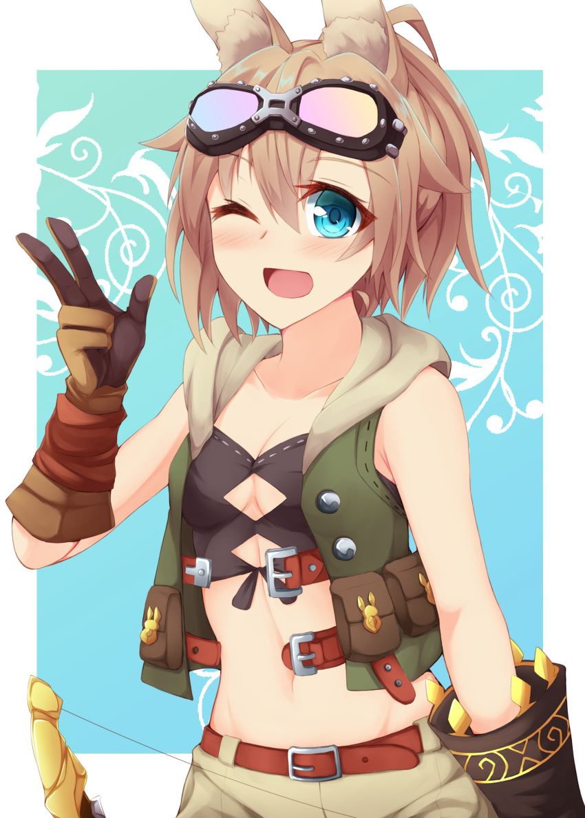 1girl, absurdres, animal_ear_fluff, animal_ears, belt, black_shirt, blue_background, blue_eyes