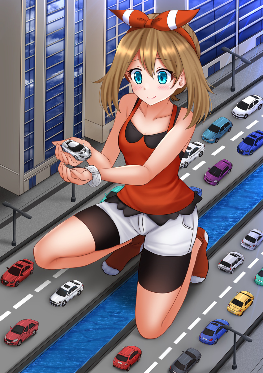 1girl, bangs, bare_arms, bare_shoulders, bike_shorts, black_shorts, blue_eyes, blush, brown_hair, building, camisole, car, closed_mouth, commentary, commission, english_commentary, eyebrows_visible_through_hair, full_body, giant, giantess, ground_vehicle, hair_between_eyes, hair_ribbon, hairband, highres, holding, kazenokaze, lamppost, lotus_(brand), lotus_evora, may_(pokemon), motor_vehicle, no_shoes, one_knee, pokemon, pokemon_(anime), red_camisole, red_hairband, red_legwear, red_ribbon, ribbon, road, short_shorts, shorts, shorts_under_shorts, sidelocks, smile, socks, solo, vehicle_request, water, white_shorts, window