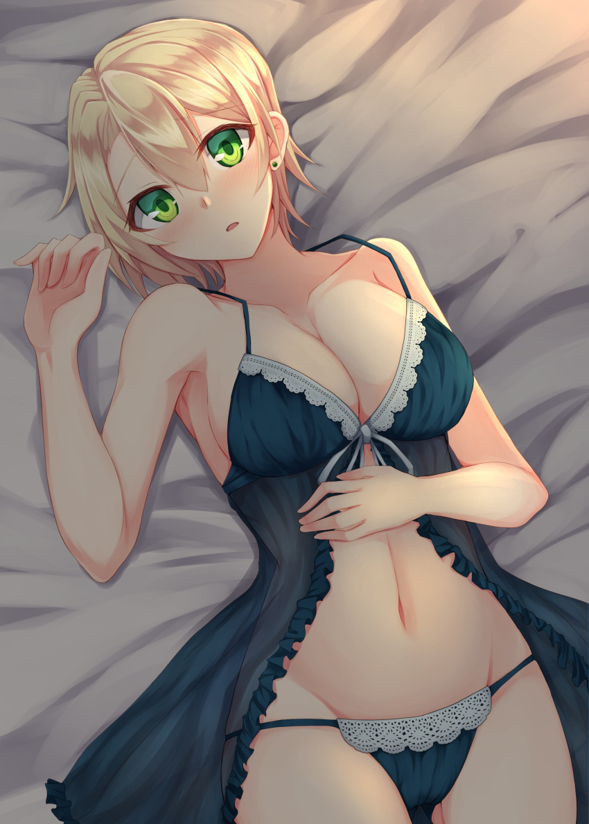 1girl, absurdres, bangs, bed_sheet, blonde_hair, blue_background, blue_panties, blush