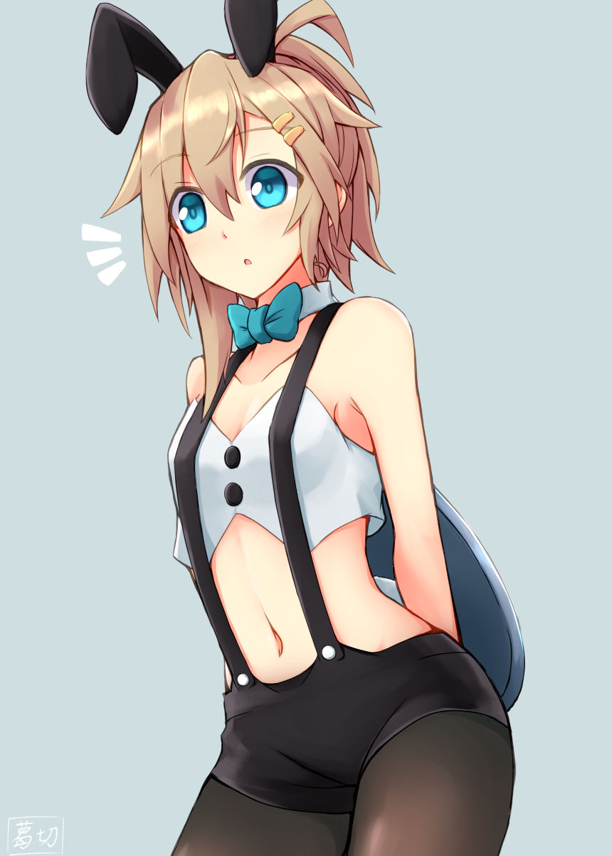 1girl, animal_ears, arms_behind_back, artist_name, bangs, black_legwear, black_shorts, blue_eyes