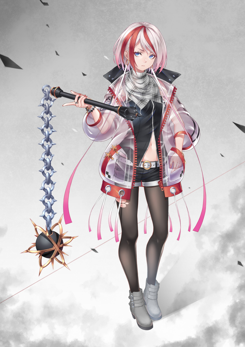 1girl, absurdres, ball_and_chain_(weapon), bare_shoulders, belt, belt_buckle, black_shorts, blue_eyes