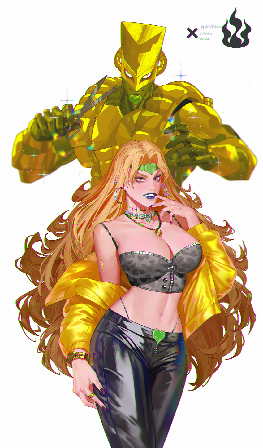 1girl, absurdres, animal_print, black_pants, blonde_hair, blue_lips, bracelet, breasts, bustier, collarbone, dio_brando, earrings, fang, gem, genderswap, genderswap_(mtf), headband, heart, highres, holding, holding_scissors, hoop_earrings, huge_filesize, jacket, jacket_partially_removed, jewelry, jojo_no_kimyou_na_bouken, large_breasts, latex_pants, long_hair, long_sleeves, looking_at_viewer, necklace, pants, parted_lips, pearl_necklace, scar_on_neck, scissors, simple_background, sparkle, stardust_crusaders, the_world, vampire, veela, very_long_hair, yellow_jacket