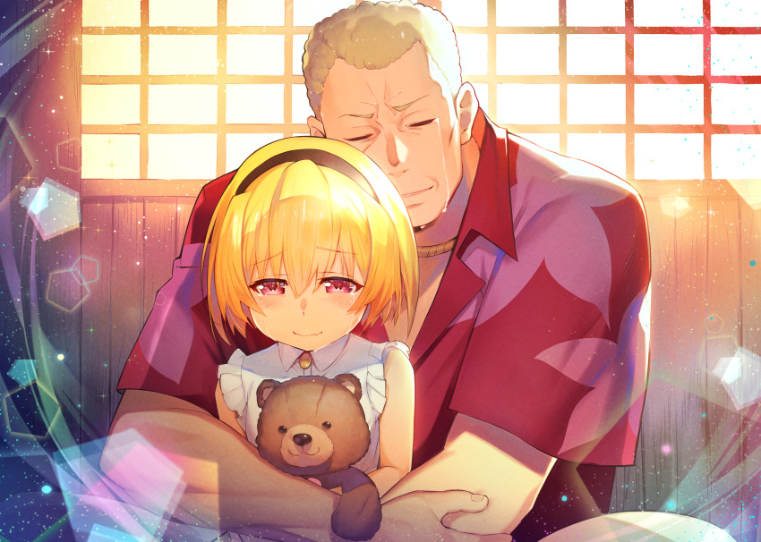 1boy, 1girl, absurdres, bangs, black_hairband, blonde_hair, blush, closed_eyes, collared_shirt, commentary_request, crying, day, eyebrows_visible_through_hair, floral_print, frilled_shirt, frills, hair_between_eyes, hairband, hawaiian_shirt, highres, higurashi_no_naku_koro_ni, houjou_satoko, houjou_teppei, hug, hug_from_behind, indoors, lens_flare, light_particles, light_rays, looking_down, object_hug, print_shirt, red_eyes, red_shirt, shirt, short_hair, short_sleeves, sleeveless, sleeveless_shirt, stuffed_animal, stuffed_toy, sunbeam, sunlight, tears, teddy_bear, uncle_and_niece, upper_body, white_shirt, yj_nakayama