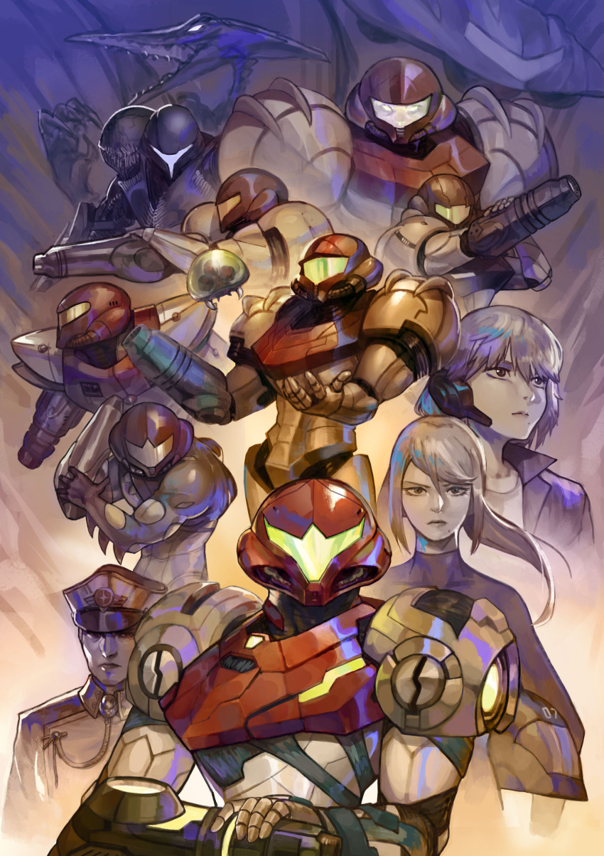 1boy, 2girls, 6+others, absurdres, adam_malkovich, arm_cannon, boridongja, dark_samus