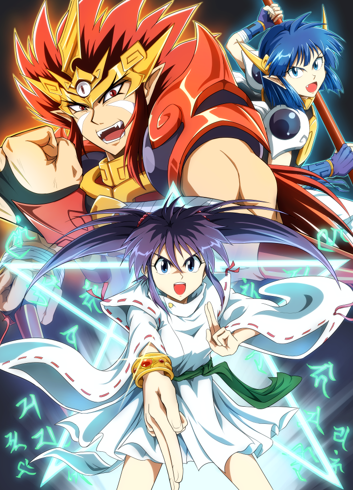 1girl, 2boys, armor, bangs, blue_eyes, blue_hair, bracelet, clenched_hands