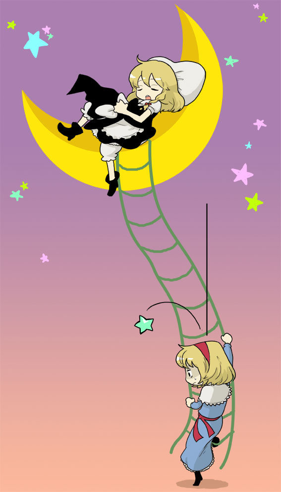 blonde_hair, crescent_moon, eeyasu, hairband, hat, kirisame_marisa, ladder, moon
