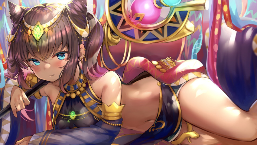 1girl, bare_shoulders, bead_necklace, beads, black_hair, blue_eyes, breasts, circlet, commentary_request, crop_top, dark_skin, detached_sleeves, ear_piercing, egyptian_clothes, hair_cones, highres, holding, holding_staff, jewelry, legend_clover, long_hair, long_sleeves, looking_at_viewer, lying, midriff, navel, necklace, nekomugiharu, on_stomach, piercing, revealing_clothes, small_breasts, smile, smirk, solo, staff, stomach, thighs, twintails, wide_sleeves