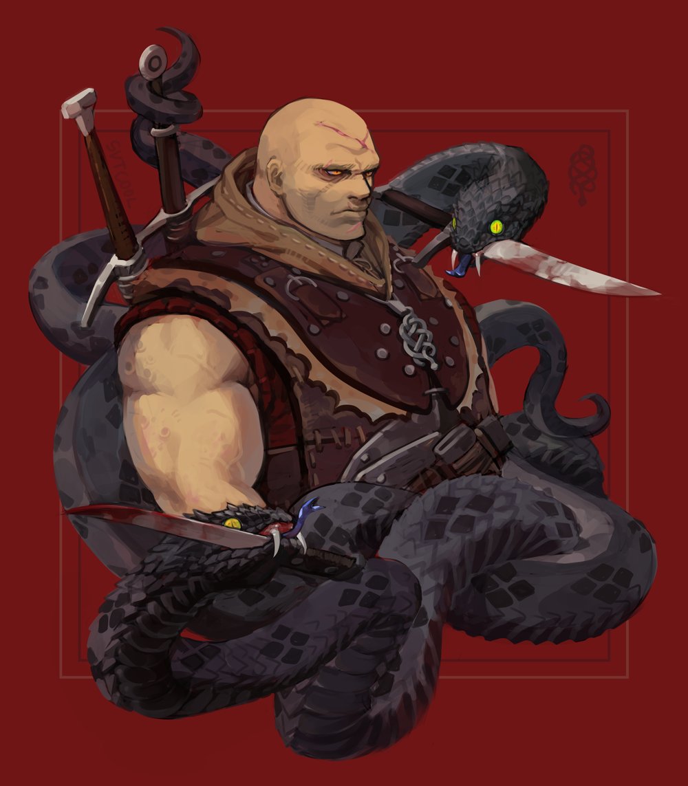 1boy, animal, armor, bald, black_snake, blood, blood_on_weapon, closed_mouth