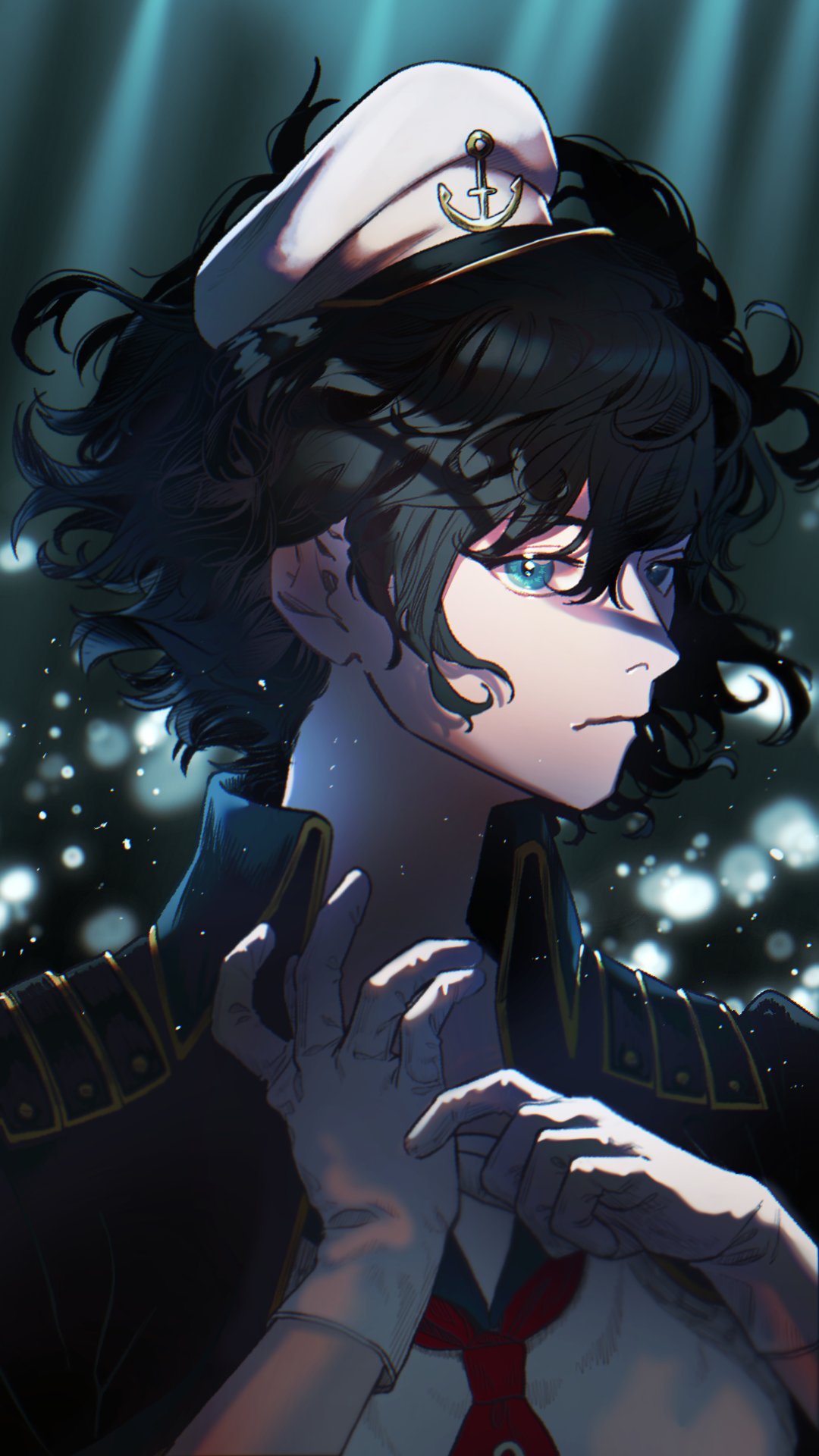 1girl, anchor_symbol, black_hair, blue_eyes, blurry, blurry_background, closed_mouth, commentary_request, depth_of_field, expressionless, eyebrows_visible_through_hair, floating_hair, gloves, hair_between_eyes, hands_up, hat, heshiko_disco, highres, light_rays, murasa_minamitsu, neckerchief, sailor_hat, short_hair, solo, touhou, touhou_gouyoku_ibun, upper_body, white_gloves, white_headwear