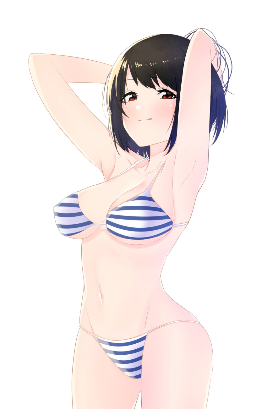 1girl, :q, armpits, arms_behind_head, bang_dream!, bangs, bare_legs, bare_shoulders, bikini, black_hair, blush, bouhatei_(t-back), breasts, commentary_request, cowboy_shot, groin, hand_in_hair, head_tilt, highres, looking_at_viewer, medium_breasts, navel, red_eyes, short_hair, simple_background, smile, solo, standing, stomach, striped, striped_bikini, swimsuit, thong_bikini, tongue, tongue_out, tsukishima_marina, white_background