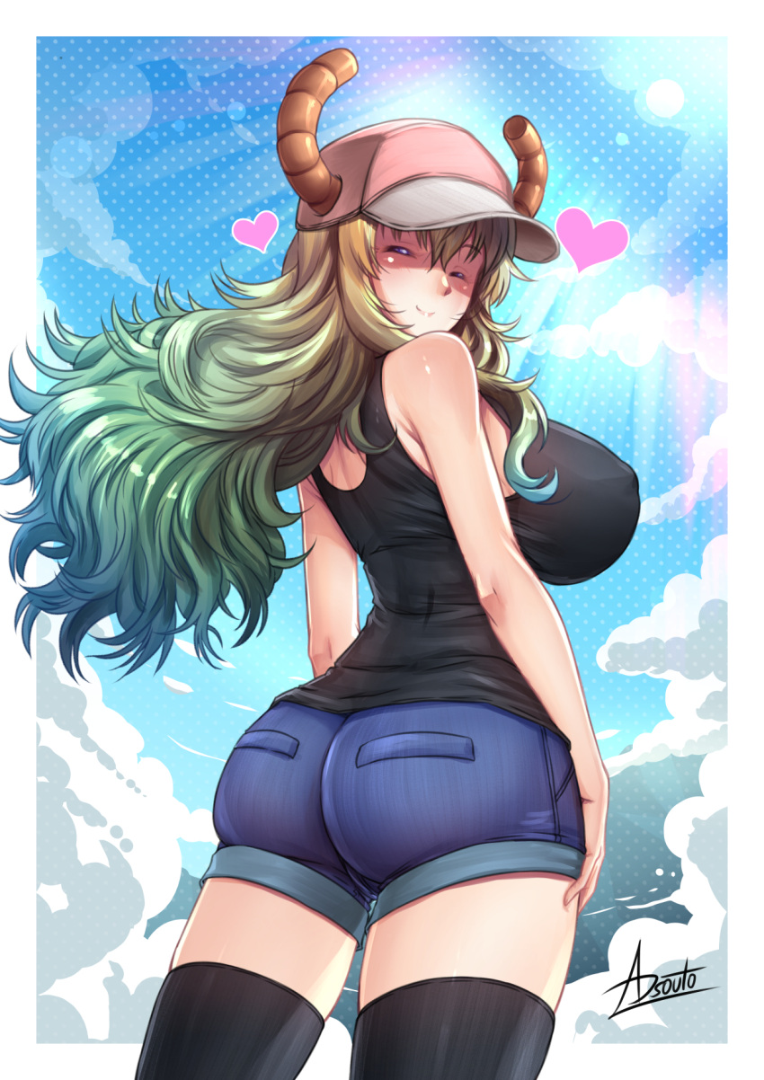 1girl, adsouto, ass, baseball_cap, black_legwear, black_tank_top, blonde_hair, blue_shorts