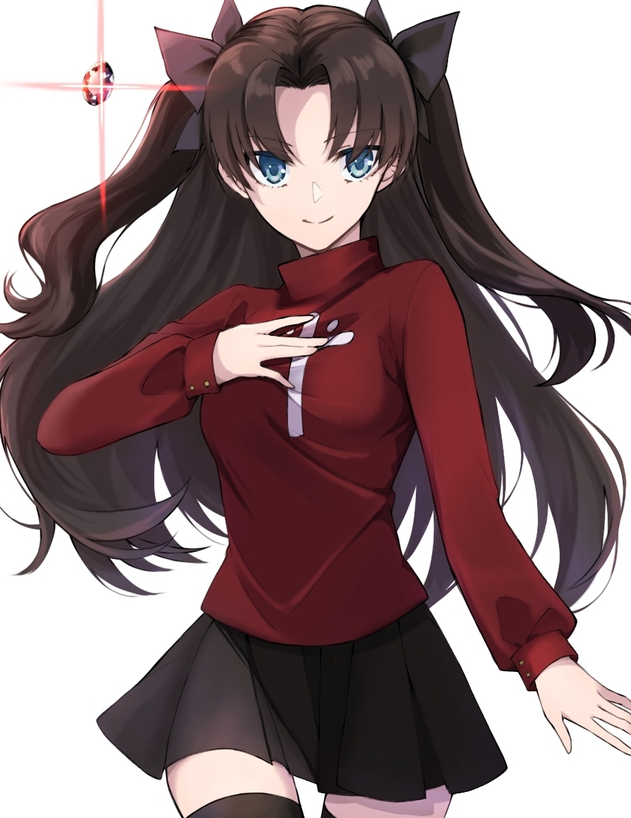 1girl, black_hair, black_legwear, black_skirt, blue_eyes, breasts, cross_print, fate/stay_night, fate_(series), long_hair, long_sleeves, maru_(pixiv51714255), miniskirt, pleated_skirt, print_sweater, red_sweater, skirt, small_breasts, solo, sweater, thigh-highs, tohsaka_rin, two_side_up, zettai_ryouiki
