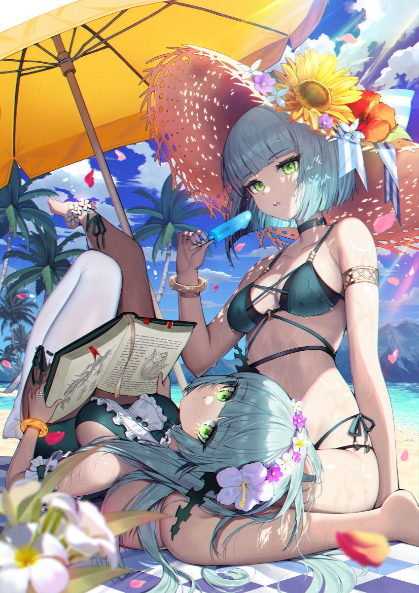 2girls, absurdres, afk_arena, anklet, armlet, bangs, bare_shoulders, barefoot, beach, beach_towel, beach_umbrella, bikini, blue_bikini, blue_choker, blue_flower, blue_sky, blue_swimsuit, blunt_bangs, blurry, blurry_foreground, book, bracelet, breasts, brown_headwear, choker, clouds, commentary, day, eyebrows_visible_through_hair, flower, flower_anklet, green_eyes, hair_flower, hair_ornament, hat, hat_flower, hibiscus, highres, holding, holding_book, huge_filesize, isabella_(afk_arena), jewelry, lap_pillow, large_breasts, long_hair, looking_at_viewer, lying, multiple_girls, on_back, one-piece_swimsuit, open_book, outdoors, palm_tree, petals, purple_flower, red_flower, short_hair, side-tie_bikini, sideboob, silver_hair, silvina_(afk_arena), single_thighhigh, sitting, sky, stomach, straw_hat, sun_hat, sunflower, swimsuit, thigh-highs, towel, tree, umbrella, white_flower, white_legwear, yellow_flower, yuri_(chocho_q)
