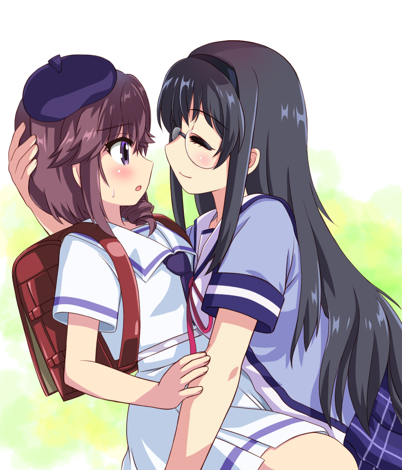 2girls, backpack, bag, beret, black_hair, black_hairband, brown_hair, commentary_request