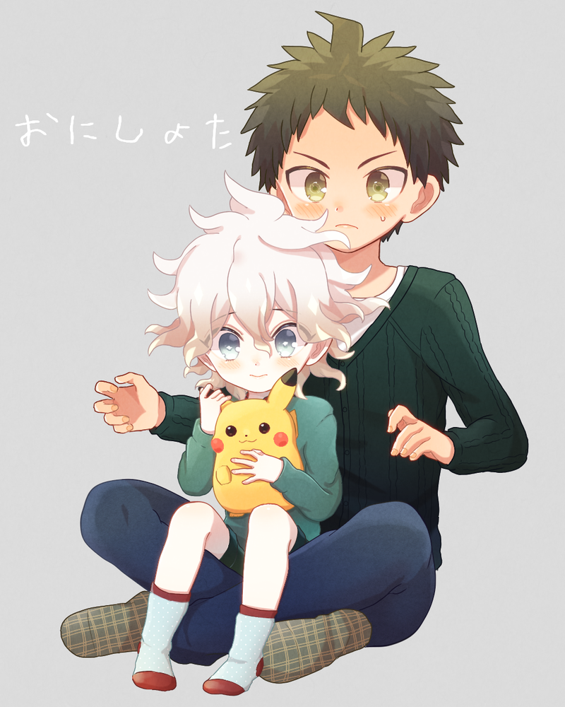 2boys, ahoge, alternate_costume, bangs, black_sweater, blue_eyes, blue_pants, blush