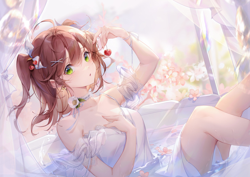 1girl, absurdres, ahoge, bangs, bare_shoulders, blush, brown_hair, cherry