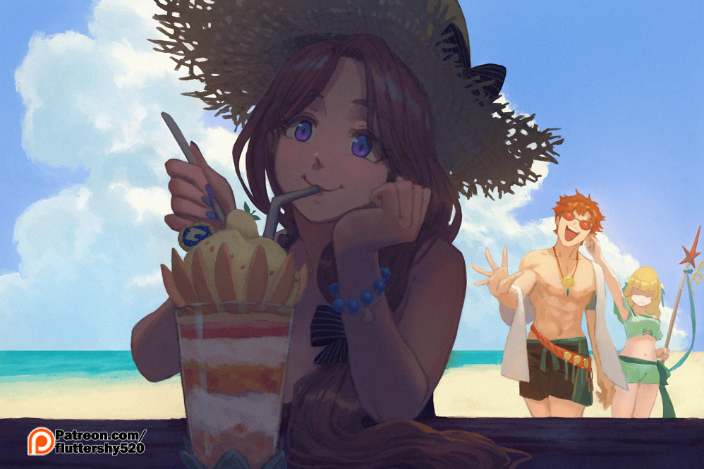 1boy, 2girls, :d, arm_up, bare_arms, bare_shoulders, beach, bead_bracelet