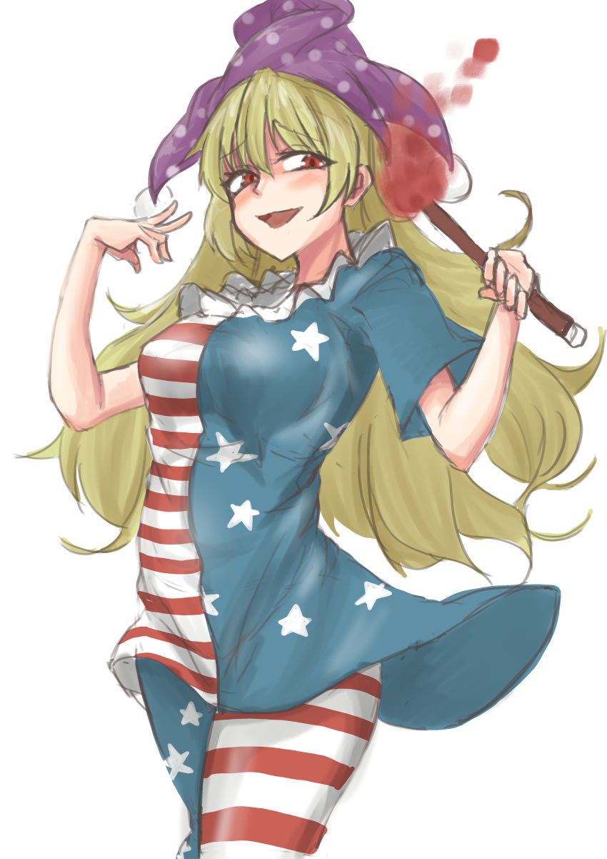 1girl, :d, absurdres, american_flag_dress, bad_hand, bangs, blonde_hair, blush