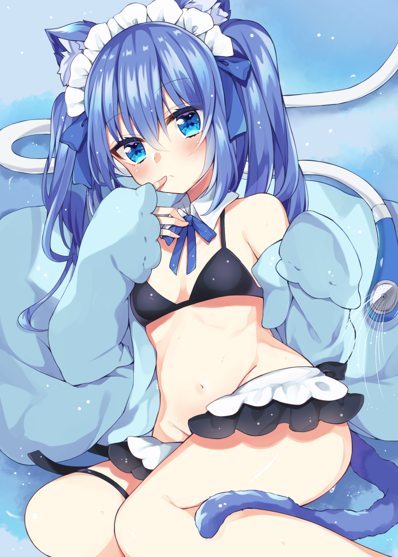 1girl, animal_ears, bangs, bare_shoulders, bikini, black_bikini, blue_bow, blue_eyes, blue_hair, blue_jacket, blush, bow, cat_ears, cat_girl, cat_tail, closed_mouth, collar, commentary, detached_collar, eyebrows_visible_through_hair, hair_between_eyes, hair_bow, hands_up, jacket, long_hair, long_sleeves, looking_at_viewer, maid_bikini, maid_headdress, maki_soutoki, open_clothes, open_jacket, original, shower_head, sleeves_past_fingers, sleeves_past_wrists, solo, swimsuit, symbol-only_commentary, tail, twintails, water, white_collar, wing_collar