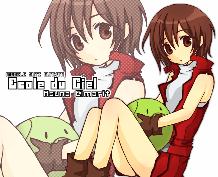 asuna_elmarit, bare_shoulders, boots, brown_eyes, brown_hair, ecole_du_ciel, gloves, gundam