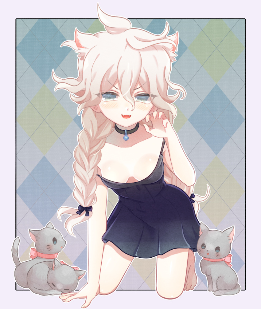 1girl, :d, animal, animal_ears, arm_support, bare_shoulders, barefoot, bell