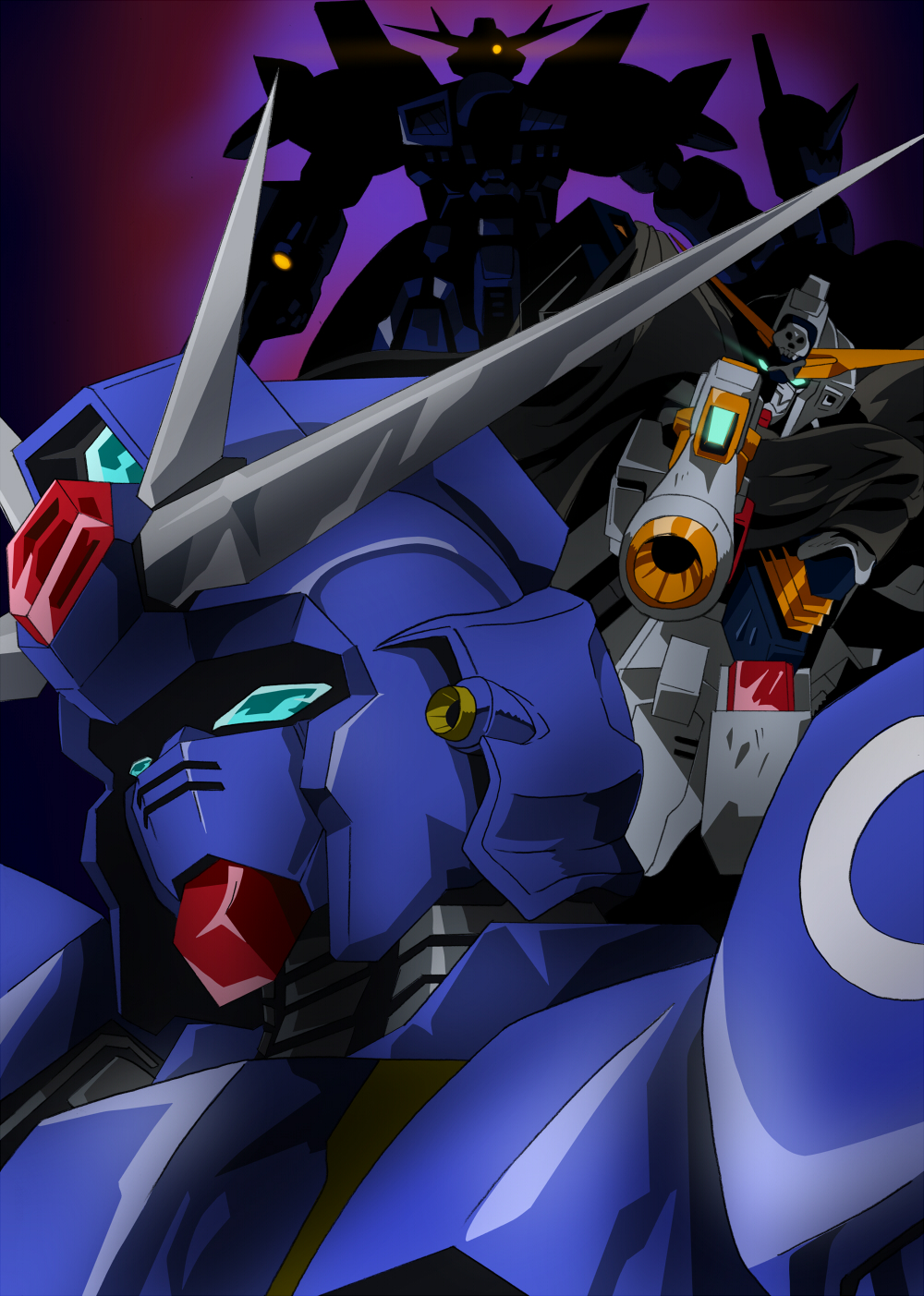 aiming, amakusa_(mobile_suit), blue_eyes, cloak, crossbone_gundam, crossbone_gundam_x-1, f91_gundam_harrison_custom, glowing