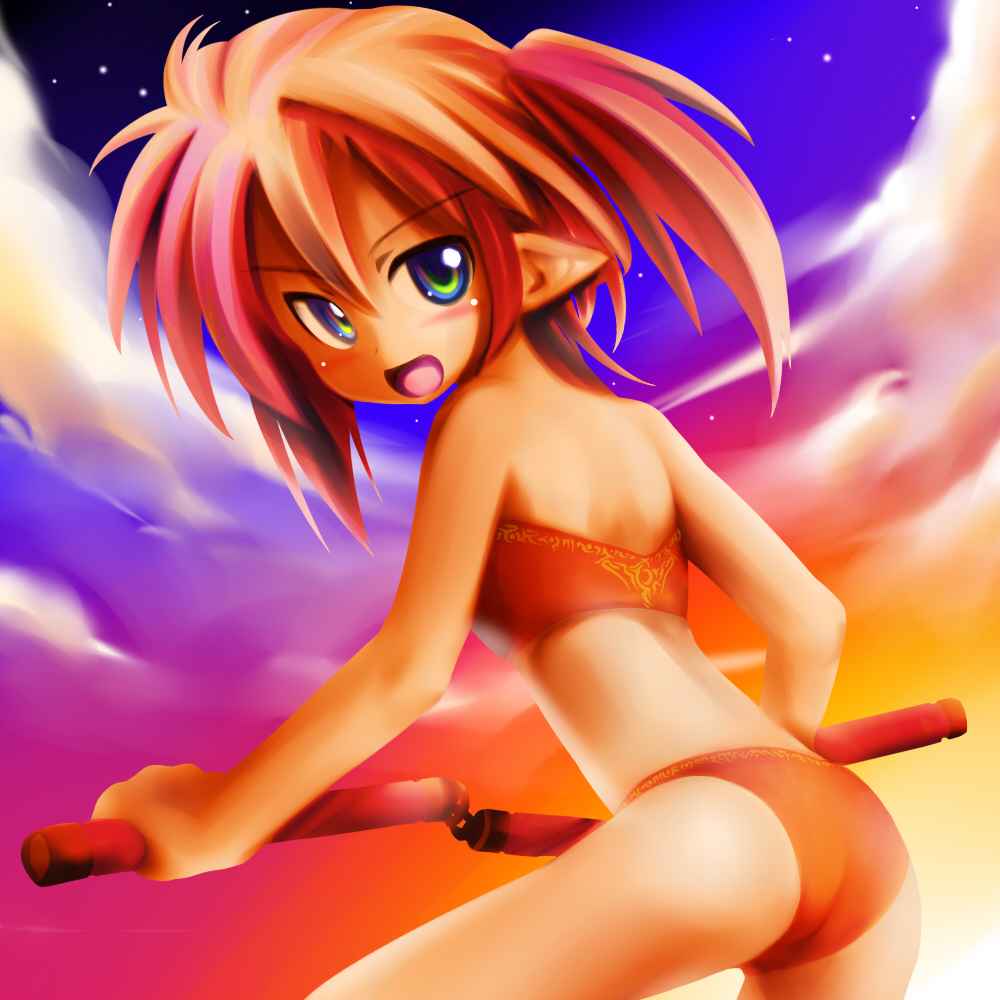 ass, bikini, elf, fabel, green_eyes, long_hair, nunchaku, original, pointy_ears, redhead, swimsuit, twintails