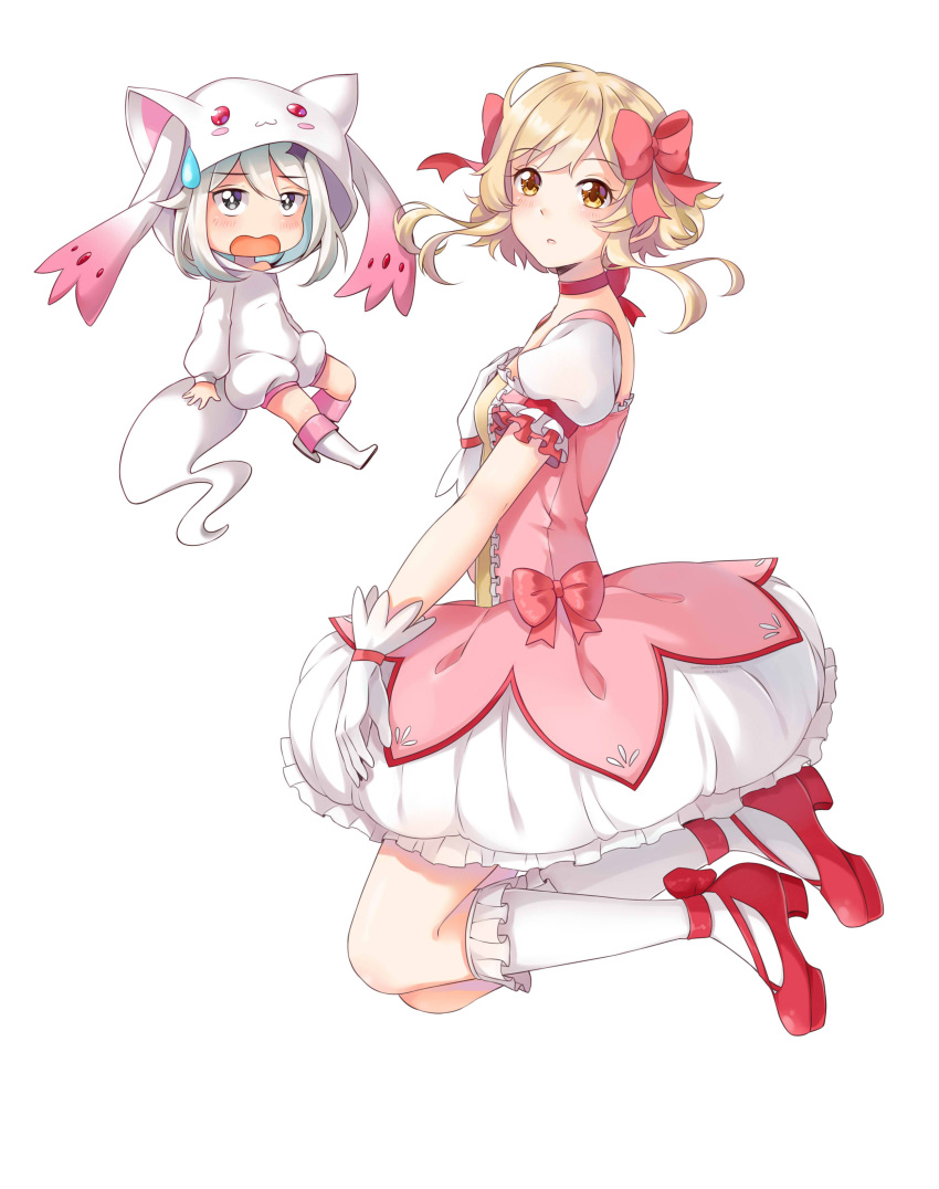 2girls, :o, absurdres, alternate_costume, bangs, black_eyes, bow, bow_choker, bubble_skirt, candy_rimo, choker, commentary, cosplay, eyebrows_visible_through_hair, floating, from_side, genshin_impact, gloves, hair_between_eyes, hair_bow, hair_ornament, hair_ribbon, high_heels, highres, kaname_madoka, kaname_madoka_(cosplay), kneehighs, kyubey, kyubey_(cosplay), light_brown_eyes, light_brown_hair, looking_at_viewer, looking_to_the_side, lumine_(genshin_impact), magical_girl, mahou_shoujo_madoka_magica, multiple_girls, paimon_(genshin_impact), parted_lips, puffy_sleeves, red_footwear, ribbon, ribbon_choker, short_hair, short_hair_with_long_locks, short_sleeves, sidelocks, simple_background, skirt, sweatdrop, trait_connection, voice_actor_connection, white_background, white_gloves, white_hair, white_legwear, yuuki_aoi
