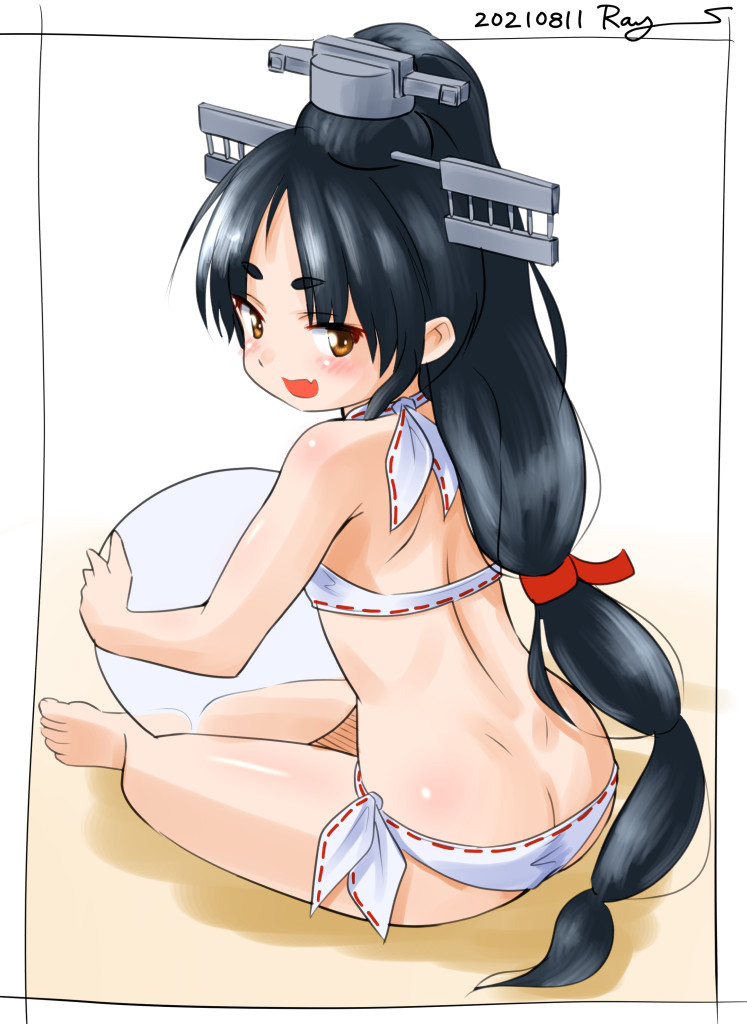 1girl, ball, barefoot, bikini, black_hair, brown_eyes, butt_crack, dated