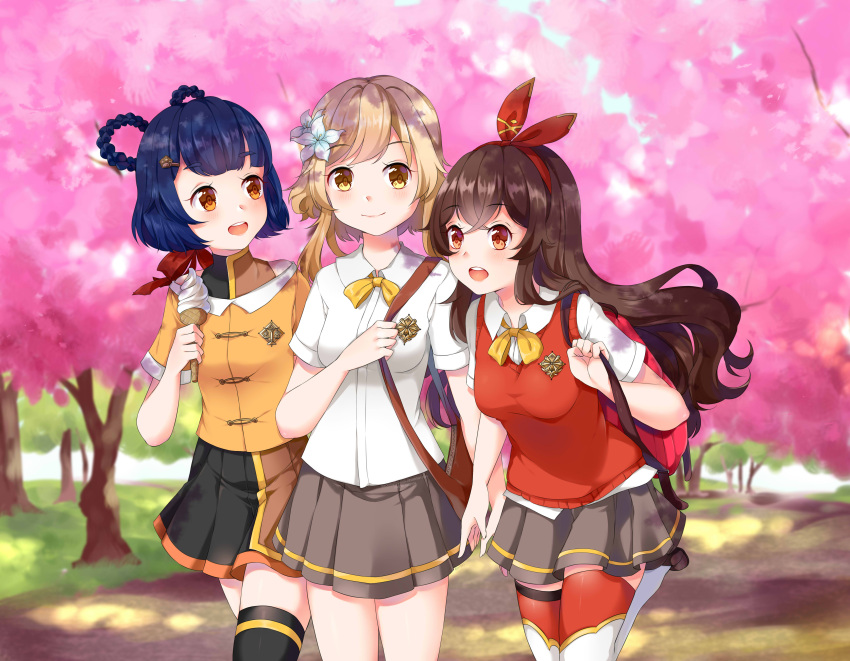 :d, absurdres, alternate_costume, amber_(genshin_impact), bag, bangs, black_hair, black_legwear