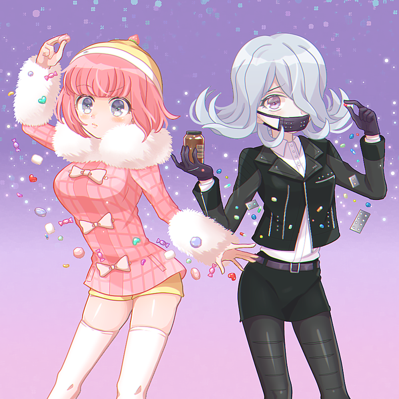 2girls, andou_ruruka, arm_up, bangs, black_gloves, black_jacket, black_legwear, black_skirt