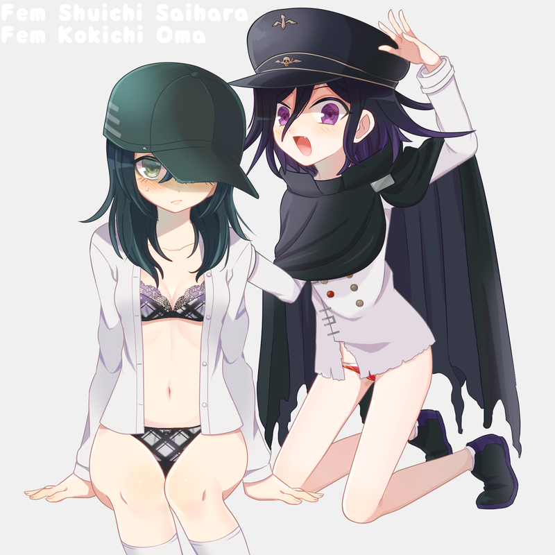 2girls, :d, arm_up, bangs, black_bra, black_cape, black_footwear, black_hair