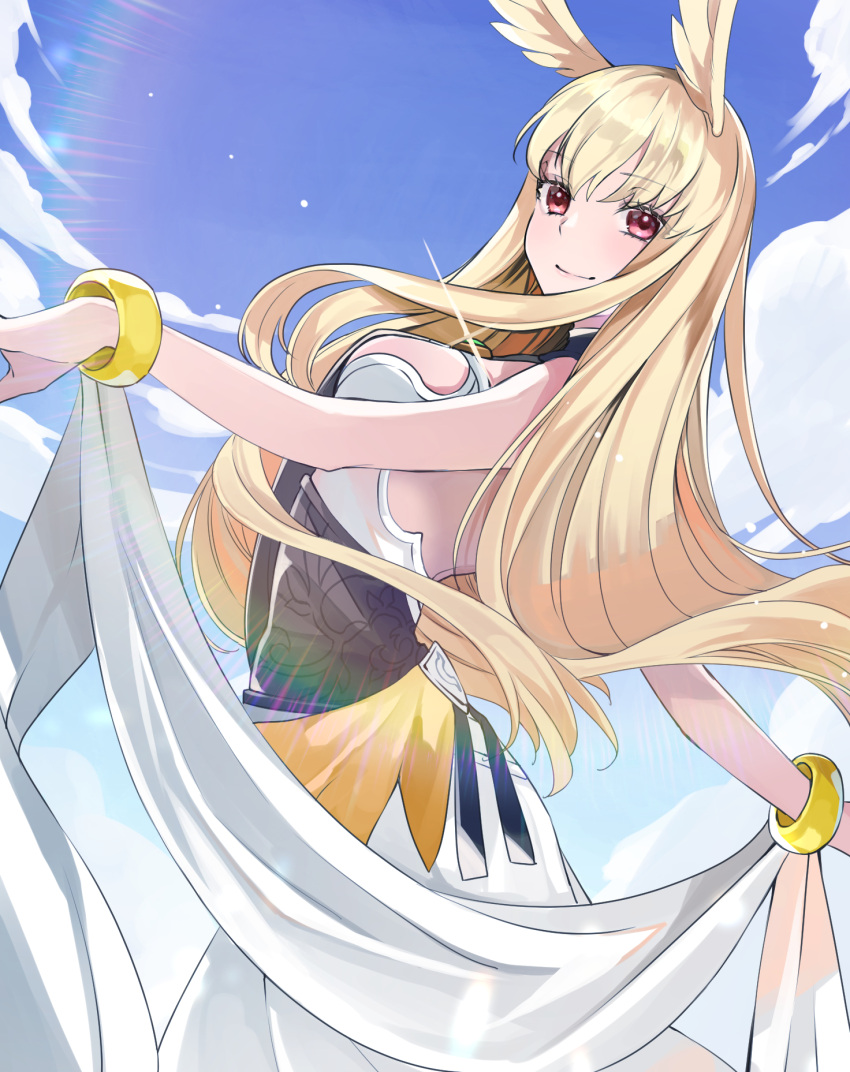 1girl, armor, armored_dress, blonde_hair, blue_sky, blush, bracelet, breasts