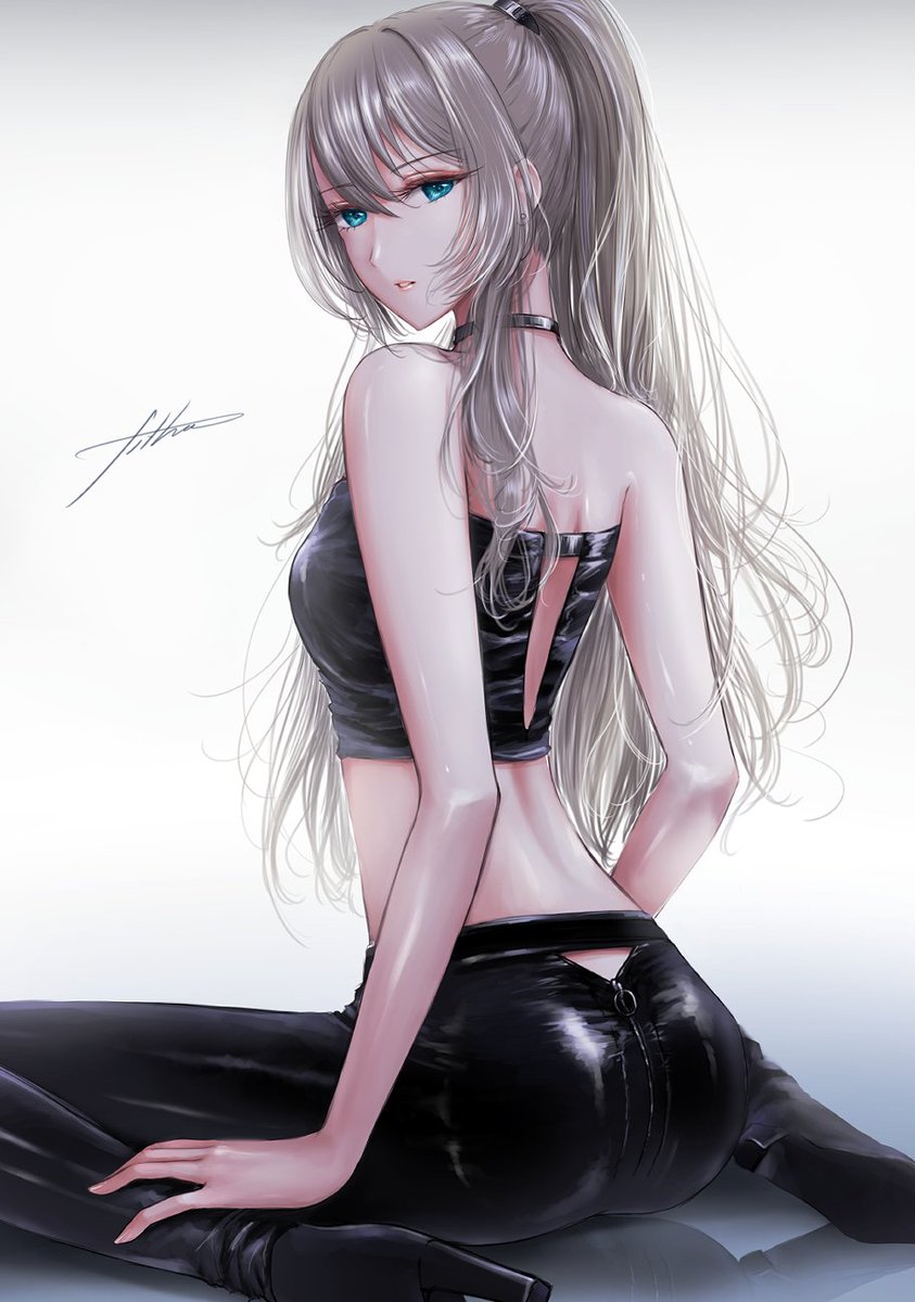 1girl, alternate_costume, an-94_(girls_frontline), aqua_eyes, artist_name, back, bare_shoulders, black_footwear, black_pants, black_tank_top, breasts, choker, closed_mouth, eyebrows_visible_through_hair, filha, girls_frontline, hands_on_legs, high_heels, highres, latex_pants, latex_top, lips, long_hair, looking_at_viewer, looking_back, on_floor, pants, platinum_blonde_hair, ponytail, simple_background, sitting, small_breasts, solo, spread_legs, tank_top