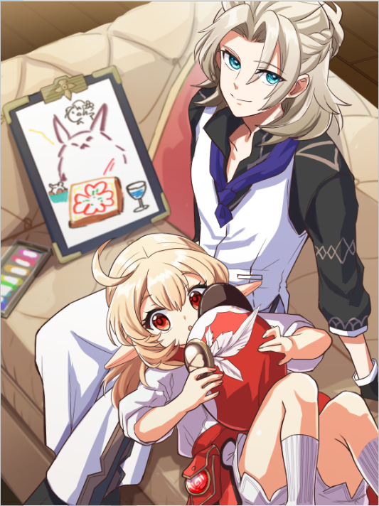 1boy, 1girl, albedo_(genshin_impact), bloomers, blue_eyes, braid, brown_hair, cabbie_hat, chef_uniform, clover_print, couch, crayon, dodoco_(genshin_impact), from_above, genshin_impact, hat, hat_feather, hat_ornament, hat_removed, headwear_removed, kedama_toritai, klee_(genshin_impact), light_brown_hair, looking_away, looking_up, low_twintails, lying_on_lap, lying_on_person, orange_eyes, paper, parted_lips, pointy_ears, single_braid, twintails, underwear, vision_(genshin_impact), waiter