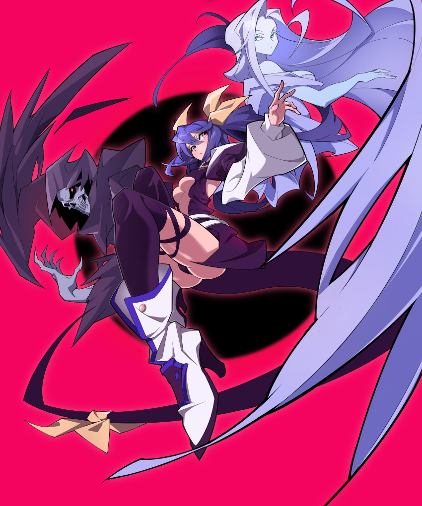 1boy, 2girls, absurdres, angel_wings, ass, ass_visible_through_thighs, asymmetrical_wings, blue_hair, breasts, center_opening, dizzy_(guilty_gear), guilty_gear, guilty_gear_x, guilty_gear_xx, hair_ribbon, high_heels, highres, large_breasts, monster_girl, multiple_girls, necro_(guilty_gear), pink_background, red_eyes, ribbon, tail, tail_ornament, tail_ribbon, thigh_strap, tlotro, twintails, under_boob, undine_(guilty_gear), wings, yellow_ribbon