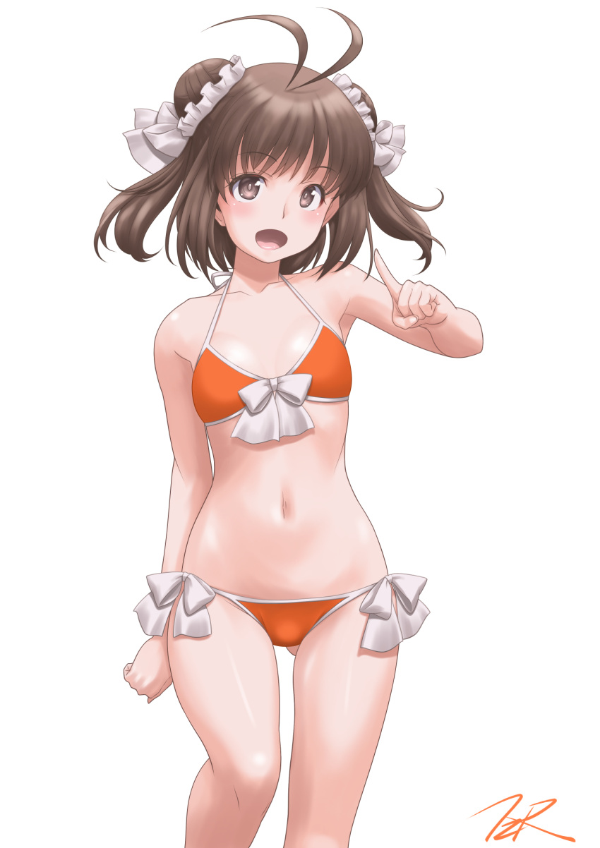 1girl, antenna_hair, ass_visible_through_thighs, bikini, brown_eyes, brown_hair, commentary_request, double_bun