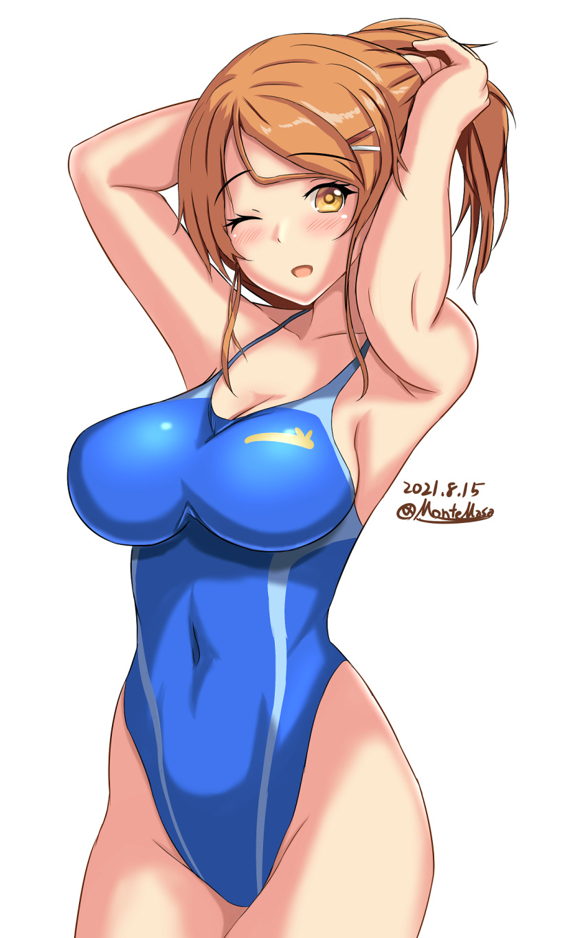 1girl, aquila_(kancolle), blue_swimsuit, competition_swimsuit, cowboy_shot, hair_ornament, hairclip, high_ponytail