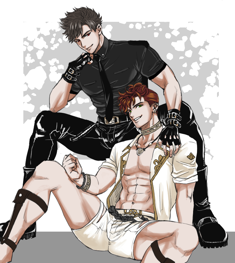 2boys, belial_(granblue_fantasy), belt, black_hair, black_pants, black_shirt, boots, bracelet
