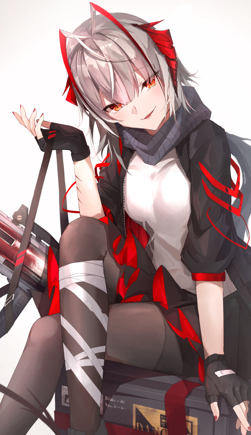 1girl, ankoro_mochi, antennae, arknights, black_legwear, breasts, eyebrows_visible_through_hair, fingerless_gloves
