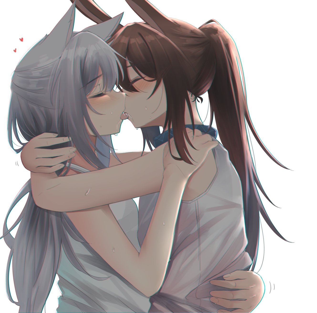 2girls, amiya_(arknights), animal_ears, arknights, bangs, blush, brown_hair, cat_ears