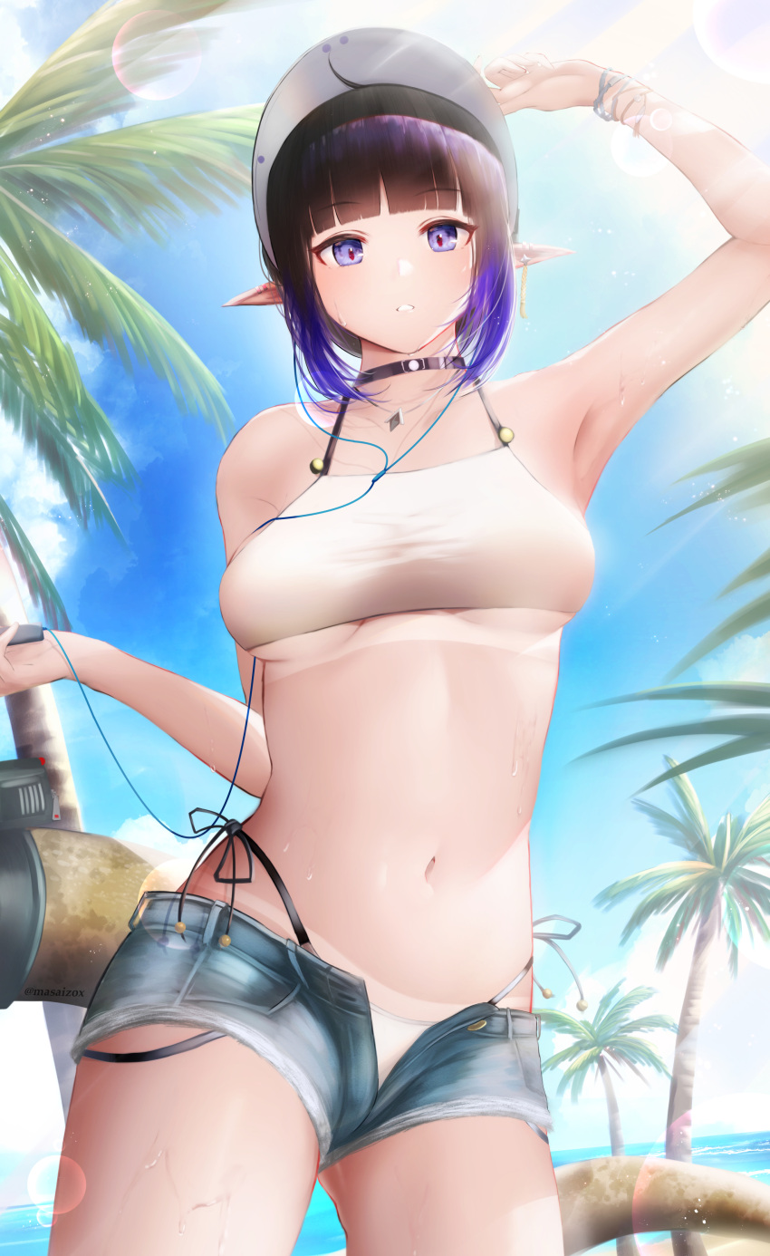 1girl, absurdres, alternate_costume, arknights, arm_up, armpits, bangs, beach