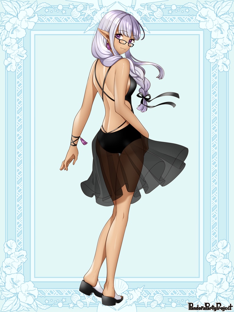 1girl, backless_leotard, black_leotard, black_skirt, blue_background, braid, copyright_name, dark_skin