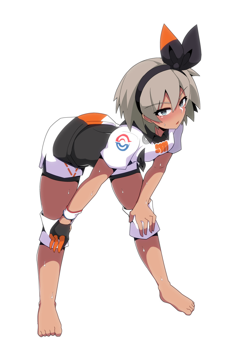 1girl, absurdres, agu_(antyosan), bangs, barefoot, bea_(pokemon), bent_over, black_bodysuit, black_hairband, blush, bodysuit, bodysuit_under_clothes, bow_hairband, collared_shirt, commentary_request, dynamax_band, full_body, gloves, grey_eyes, grey_hair, gym_leader, hair_between_eyes, hairband, hands_on_own_knees, highres, knee_pads, partially_fingerless_gloves, pokemon, pokemon_(game), pokemon_swsh, print_shirt, print_shorts, shirt, short_hair, short_sleeves, shorts, side_slit, side_slit_shorts, single_glove, solo, standing, sweat, toes
