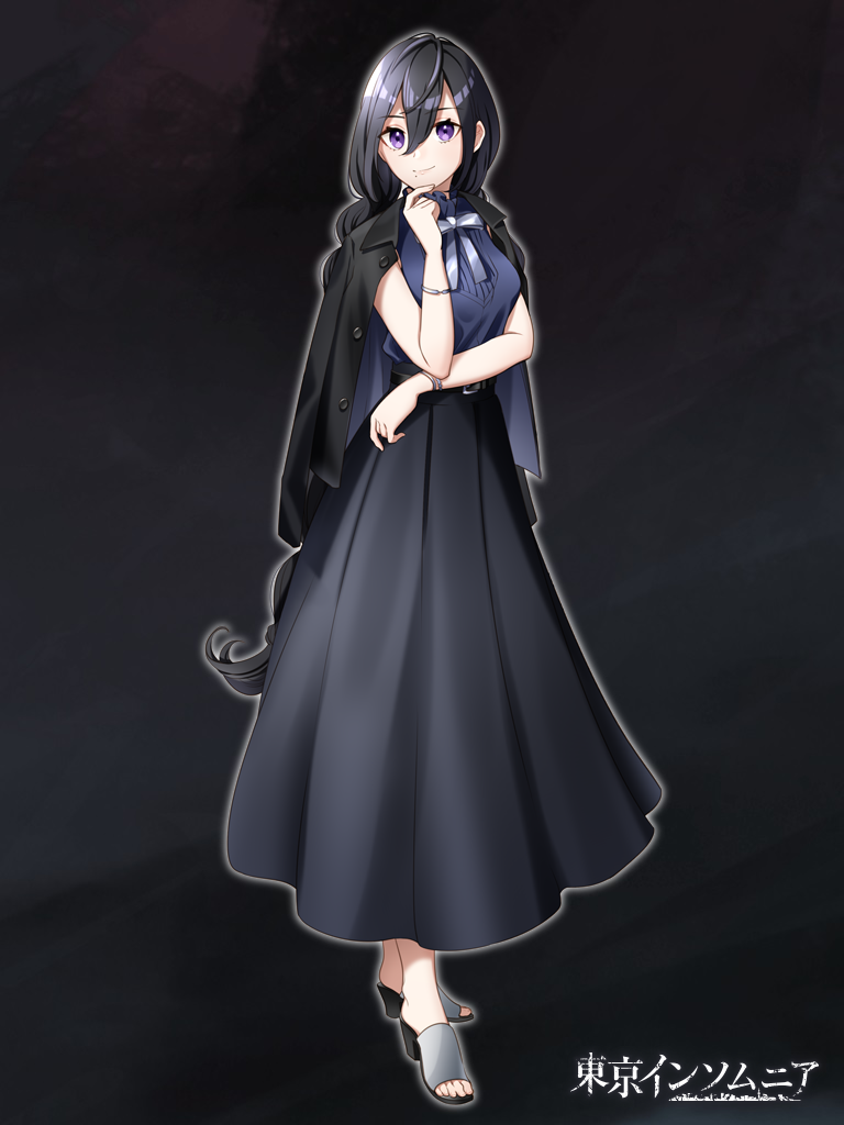 1girl, bad_foot, black_background, black_hair, blue_shirt, braid, copyright_name, hair_between_eyes