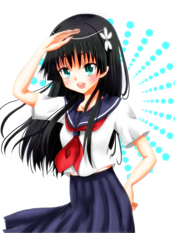black_hair, flower, green_eyes, hair_flower, hair_ornament, long_hair, nomutarou, saten_ruiko