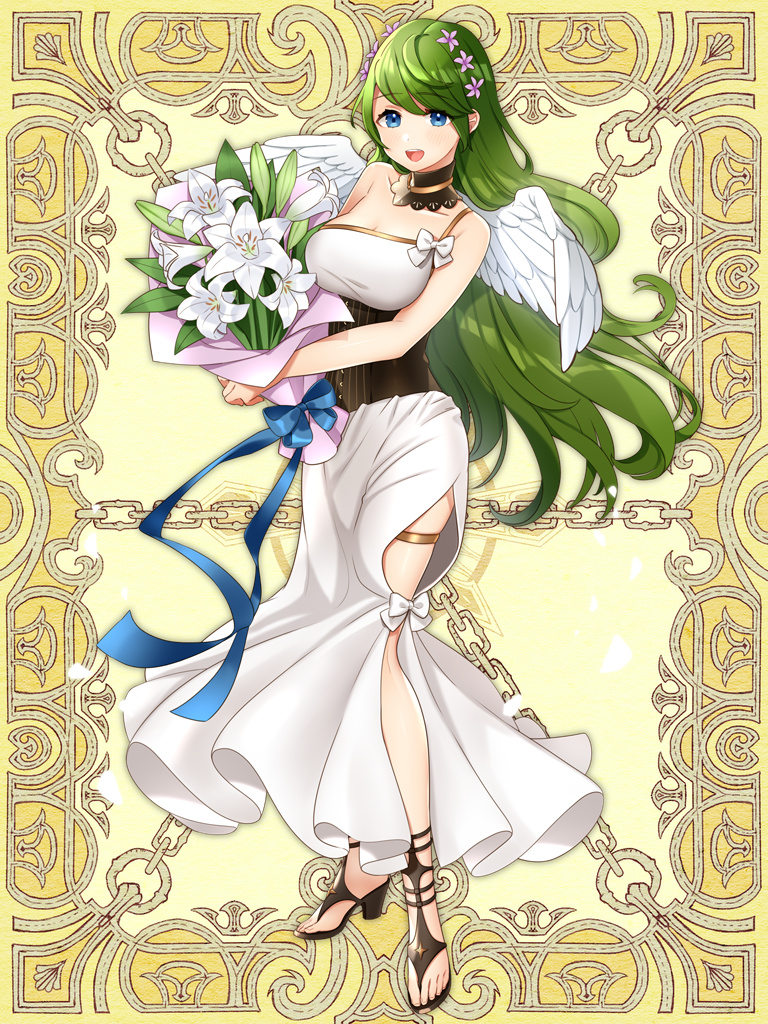 1girl, :d, angel_wings, blue_eyes, blue_ribbon, bouquet, breasts, dress, flower, full_body, green_hair, hair_flower, hair_ornament, haritoyomimasu, holding, holding_bouquet, kerberos_blade, large_breasts, lily_(flower), long_hair, open_mouth, ribbon, sandals, simple_background, smile, solo, thigh_strap, very_long_hair, white_dress, white_wings, wings, yellow_background
