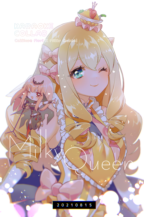 2girls, armpits, blonde_hair, bow, chibi, crown, curly_hair, dated, green_eyes, hair_bow, hair_ornament, hololive, hololive_english, indie_virtual_youtuber, long_hair, mamaloni, microphone_stand, milky_queen, mori_calliope, multiple_girls, one_eye_closed, pink_eyes, pink_hair, veil