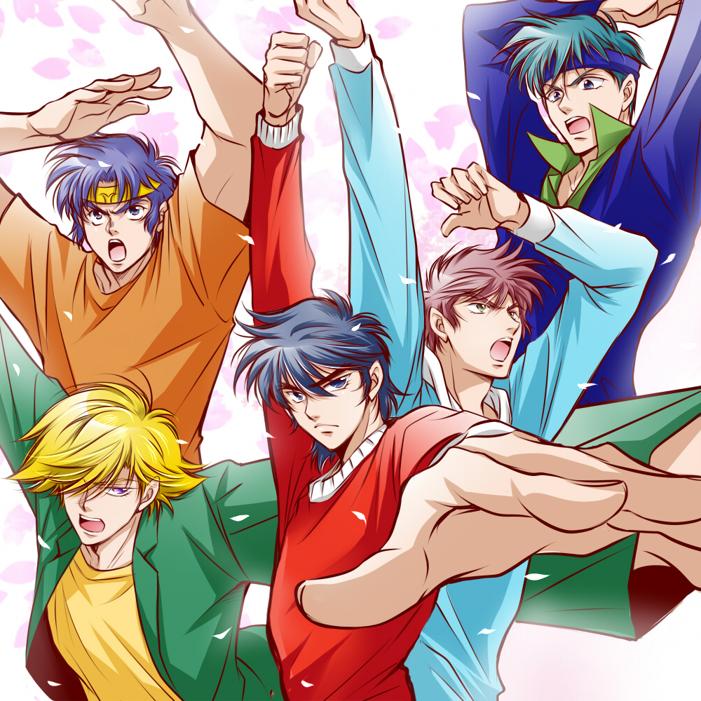 5boys, black_hair, blonde_hair, blue_eyes, blue_hair, blue_shirt, date_seiji, eyebrows_visible_through_hair
