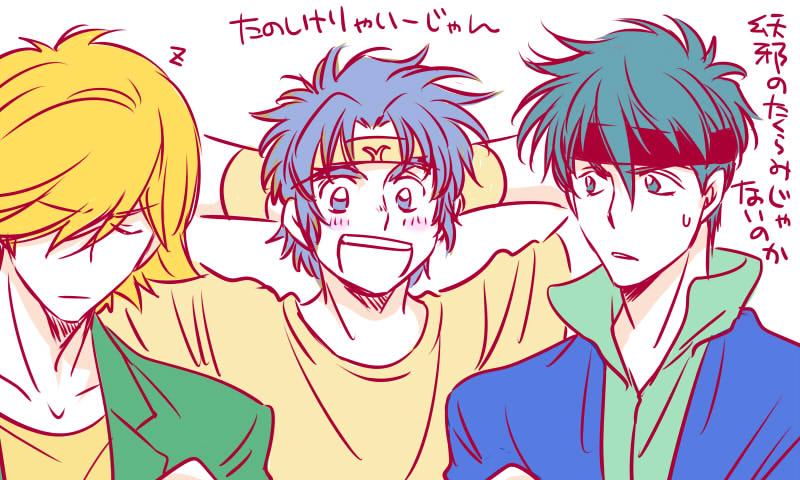 3boys, blonde_hair, blue_eyes, blue_hair, blush, closed_eyes, collarbone, date_seiji